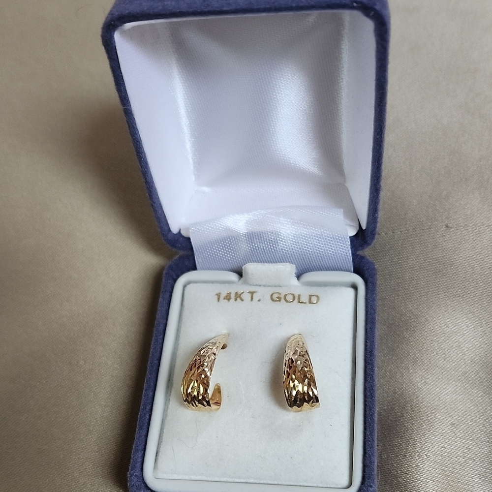 14k Gold Half Hoop Textured Earrings